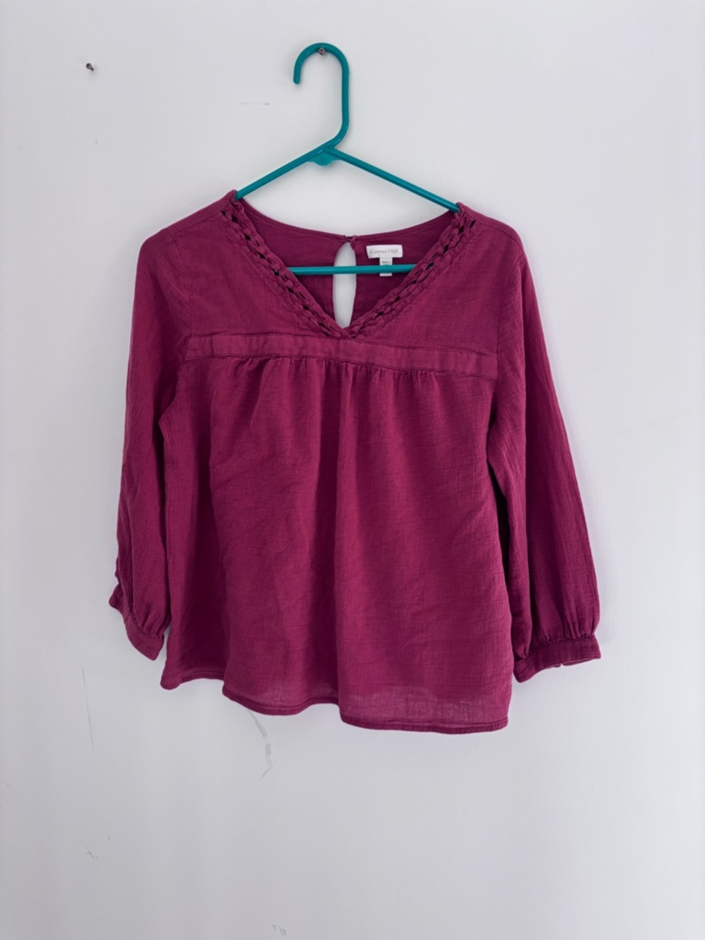 GARNET HILL BLOUSE lightweight cotton V-Neck 3/4 Sleeve Top in red